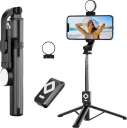 Selfie stick 4kom.pl Selfie stick Uchwyt na telefon statyw z podwójną lampą Ring LED Tripod z pilot Bluetooth Czarny