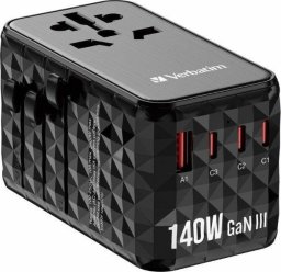 Verbatim Verbatim Adapter podróżny EU/UK/US GaN USB-A/3xUSB-C PD 140W UTA-10 czarny/black 32125