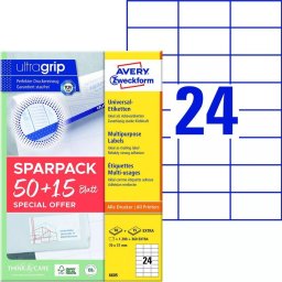 AVERY Etykiety uniwersalne 70x37 mm biały z Ultragrip + 30% dodatkowa zawartość (65 ark x 24 szt.)