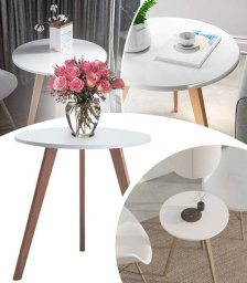 STOLIK KAWOWY DREWNIANY OKRĄGŁY 40 CM TRÓJNÓG STYL SKANDYNAWSKI DO SALONU SYPIALNI