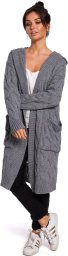 BE Knit BK033 Długi kardigan z warkoczem - szary (kolor Grey, rozmiar L/XL)