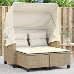 vidaXL 2-os. sofa ogrodowa z zadaszeniem i stołkami, beżowa, rattan PE