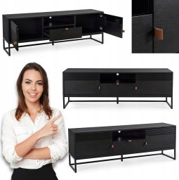 Szafka RTV 160 Czarna Loft z Lamelami GARDA Dwudrzwiowa Ryflowana Do Salonu