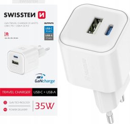 SWISSTEN Adapter sieciowy GaN 35W, 2-portowy, USB-A + USB-C, Smart IC