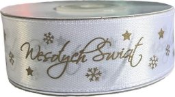 Wstążka satynowa Wesołych Świąt 25mm biała