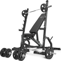 Marbo Sport MS8_2.0_83KG_G Dwustronnie regulowana ławka treningowa + wielopoziomowe stojaki (2 sztuki) + zestaw gryfów i obciążeń gumowanych 83 kg
