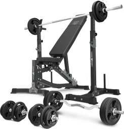 Marbo Sport Zestaw MS30_2.0_113KG | Dwustronnie regulowana ławka treningowa + wielopoziomowe stojaki (2 sztuki) pod sztangę z asekuracją + zestaw gryfów i obciążeń 113 kg - Marbo Sport