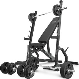 Marbo Sport Zestaw MS8_2.0_113KG_G | Dwustronnie regulowana ławka treningowa + wielopoziomowe stojaki (2 sztuki) + zestaw gryfów i obciążeń gumowanych 113 kg - Marbo Sport