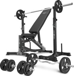 Marbo Sport Zestaw MS30_2.0_83KG_G | Dwustronnie regulowana ławka treningowa + wielopoziomowe stojaki (2 sztuki) pod sztangę z asekuracją + zestaw gryfów i obciążeń gumowanych 83 kg - Marbo Sport