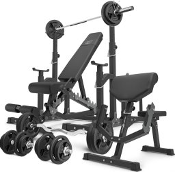 Marbo Sport Zestaw MS5_2.0_113KG | Ławka dwustronna + stojaki regulowane + Ławka Scotta (modlitewnik) z regulacją podparcia + zestaw gryfów i obciążeń 113 kg - Marbo Sport