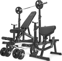 Marbo Sport Zestaw MS5_2.0_83KG_G | Ławka dwustronna + stojaki regulowane + Ławka Scotta (modlitewnik) z regulacją podparcia + zestaw gryfów i obciążeń gumowanych 83 kg - Marbo Sport