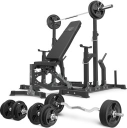 Marbo Sport Zestaw MS11_2.0_113KG_G | dwustronnie regulowana ławka treningowa + stojaki regulowane + zestaw gryfów i obciążeń gumowanych 113 kg - Marbo Sport