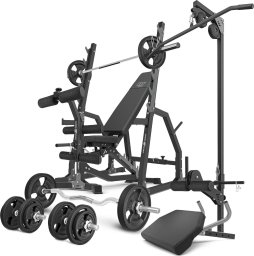 Marbo Sport Zestaw MS36_2.0_83KG_G | Dwustronnie regulowana ławka treningowa + stojaki bramowe + modlitewnik + prasa + wyciąg + zestaw gryfów i obciążeń gumowanych 83 kg - Marbo Sport