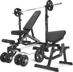 Marbo Sport Zestaw MS33_2.0_83KG_G | Ławka dwustronna + wielopoziomowe stojaki (2 sztuki) pod sztangę z asekuracją + Ławka Scotta (modlitewnik) z regulacją podparcia + zestaw gryfów i obciążeń gumowanych 83 kg - Marbo Sport