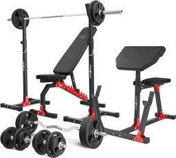 Marbo Sport Zestaw MH9_151KG_KIER | Ławka dwustronna + stojaki regulowane + ławka scotta + zestaw gryfów i obciążeń - Marbo Sport