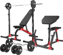 Marbo Sport Zestaw MH9_121KG_KIER | Ławka dwustronna + stojaki regulowane + ławka scotta + zestaw gryfów i obciążeń - Marbo Sport