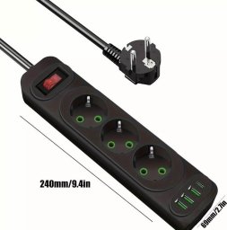F23U 2m extension cord with 3 Sockets + 3 USB + 1 USB-C