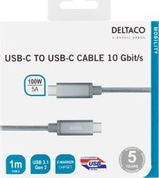 Kabel USB Deltaco USB-C cable 1m, SuperSpeed, braided, USB 3.1 Gen 2, 10 Gbps