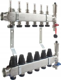 Rozdzielacz ze stali nierdzewnej INOX 6-drogowy z przepływomierzami, zaworami termostatycznymi, zaworami spustowymi i odpowietrznikami automatycznymi