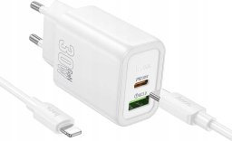 HOCO ładowarka sieciowa USB A + Typ C + kabel Typ C do Lightning PD QC3.0 3A 30W N63 biała