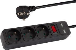 98-775# Przedłużacz sieciowy pr-370wsp/usb 3-gniazda+usb z uziemieniem+wyłącznik 3m czarny 3x1,5mm