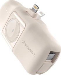 Mini powerbank Wozinsky WF16-YLS 5000mAh 15W Lightning z wbudowanym kablem USB-C i ładowarką do Apple Watch - beżowy