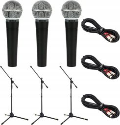 ZESTAW 3 Mikrofony Shure SM58 Dynamiczne Wokalne+ Statywy i Kable XLR 10 m