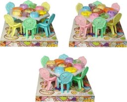 Mebelki dla lalek: stół, 6 krzesłek, akcesoria MIX