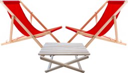 2X LEŻAK PLAŻOWY OGRODOWY DREWNIANY WOODOK czerwona tkanina + STOLIK KAWOWY SKŁADANY