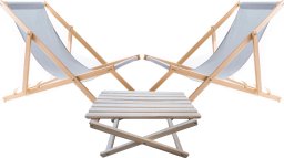 2X LEŻAK PLAŻOWY OGRODOWY DREWNIANY WOODOK jasna szara tkanina + STOLIK KAWOWY SKŁADANY