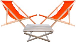 2X LEŻAK PLAŻOWY OGRODOWY DREWNIANY WOODOK pomarańczowa tkanina + STOLIK KAWOWY SKŁADANY