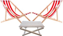 2X LEŻAK PLAŻOWY OGRODOWY DREWNIANY WOODOK w czerwone pasy + STOLIK KAWOWY SKŁADANY