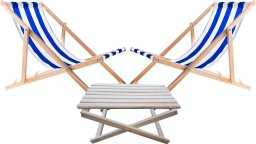 2X LEŻAK PLAŻOWY OGRODOWY DREWNIANY WOODOK w niebieskie pasy + STOLIK KAWOWY SKŁADANY