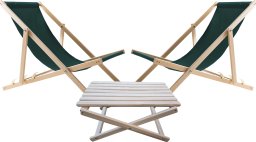 2X LEŻAK PLAŻOWY OGRODOWY DREWNIANY WOODOK zielona tkanina + STOLIK KAWOWY SKŁADANY