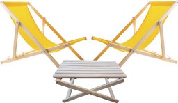 2X LEŻAK PLAŻOWY OGRODOWY DREWNIANY WOODOK żółta tkanina + STOLIK KAWOWY SKŁADANY
