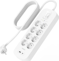Przewód Belkin Listwa antyprzepięciowa 900 J, 8 gniazd Schuko, USB-C PD 18W, USB-A, biała