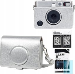 Pokrowiec LoveInstant Srebrne Etui Pokrowiec Futerał + Szkło 9h + 10x Naklejki Do Fujifilm Instax Mini Evo