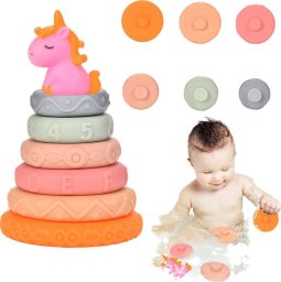 LeanToys Piramidka Wieża Dla Malucha Gumowe Miękkie Klocki Jednorożec