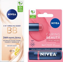 NIVEA Krem BB do twarzy jasny 50ml + Pomadka ochronna do ust Rose 4,8g