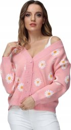 Sweter Damski w Kwiatki z Guzikami Różowy