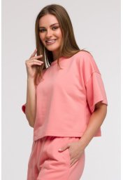 B294 Bluza oversize z krótkimi rękawami - koralowa (kolor koral, rozmiar L/XL)