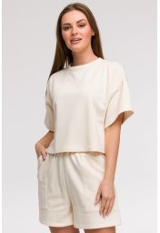 B294 Bluza oversize z krótkimi rękawami - waniliowa (kolor ecru, rozmiar S/M)