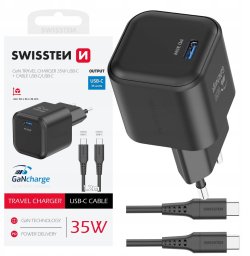 Swissten Tīkla Lādētājs GaN USB-C 35W PD + Datu kabelis USB-C - USB-C 1.2m