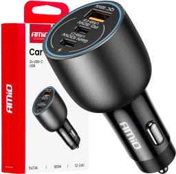 Ładowarka samochodowa 2x usb-c + usb-a 12v 24v 100w amio-04371