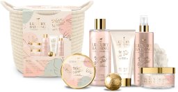Kūno priežiūros dovanų rinkinys Grace Cole Warm Vanilla Bath Care (Vonios bomba 50 g, Dušo želė 250 ml, Dušo kempinėlė, Vonios perlai 250 g, Kosmetinė, Kūno kremas 150 ml, Kūno dulksna 200 ml, Vonios druska 200 g)
