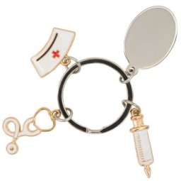 Brelok ESKULAP - srebrny (czepek pielęgniarski, stetoskop i strzykawka)