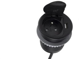 Gniazdo meblowe na 1 gniazdo 2P+Z 16A 230V + 1x USB 2,4A okrągły wpuszczany w blat SINGLE BOX 1,8m czarny