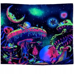 Dekoracja ŚCIENNA UV OBRAZ Fluorescencyjny GOBELIN ODBLASK 150x150cm Grzyby