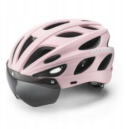 Kask rowerowy Rockbros z szybką, odpinane okulary z ochroną UV, odłączany daszek, unisex - różowy