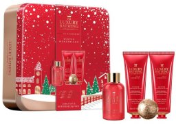 Kosmetikos rinkinys Grace Cole Fig & Cranberry: kūno prausiklis, 50 ml + kūno kremas, 50 ml + rankų ir nagų kremas, 50 ml + vonios burbulas, 25 g + metalinė dėžutė